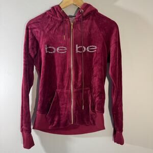 Y2K Bebe Velour Rhinestone Zip-Up Hoodie | Maroon Track Jacket Bling XS